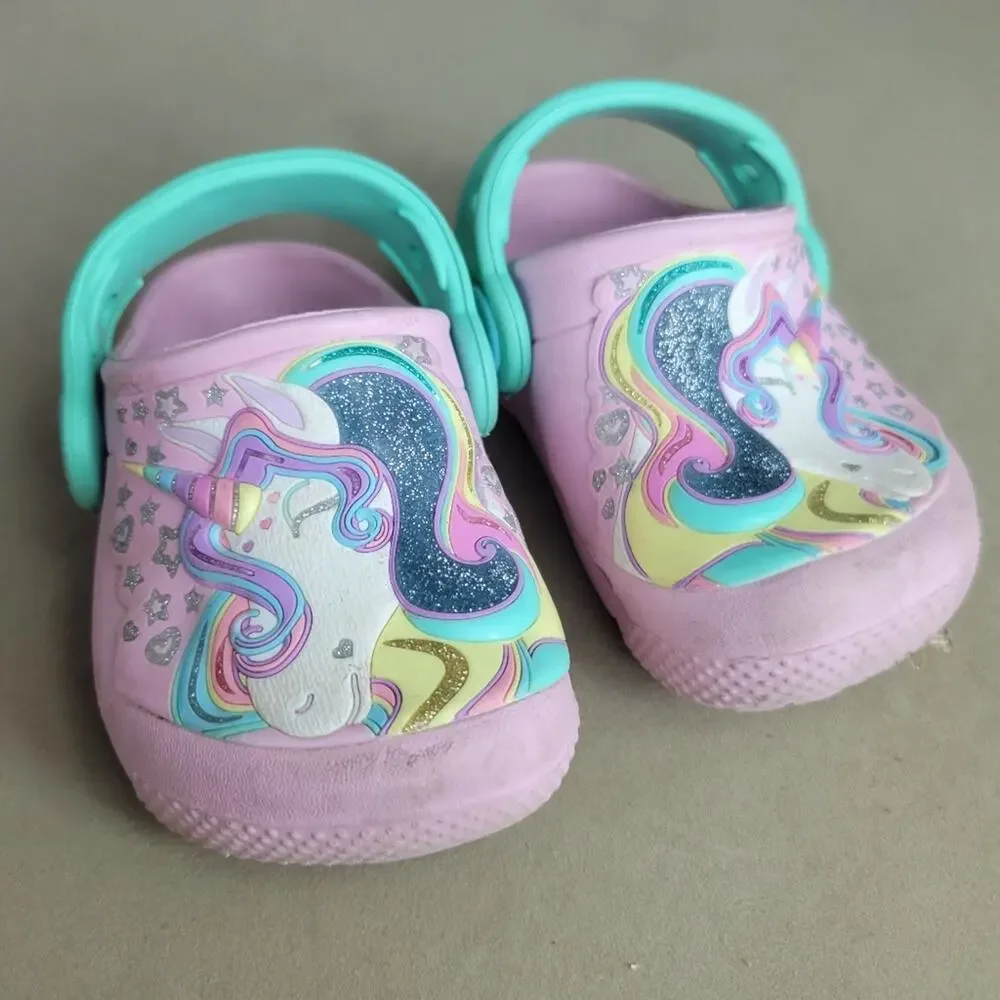 Fun Lab Unicorn Crocs Shoes Baby Girls Size‎ 4 Pink Clog Slip On Comfort Sandals
